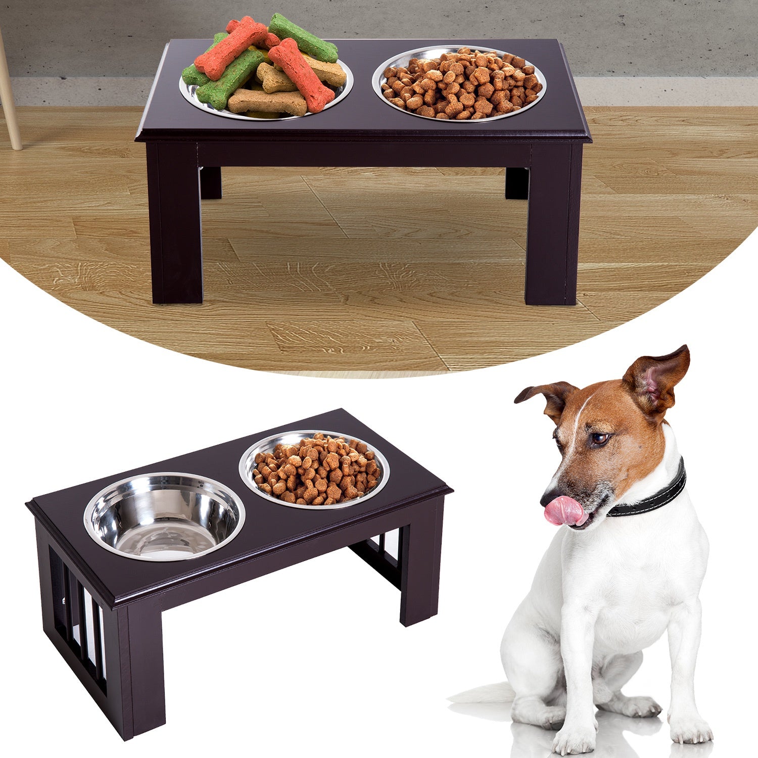 PawHut Elevated Dog Bowls for Large Dogs, Raised Pet Feeding Station with 2  Stainless Steel Bowls, Storage Drawer, Wood Stand for Cats, Brown