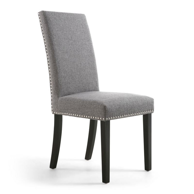 Pair of Grey Linen Effect Dining Chairs Stud Detail - Black Rubberwood Legs