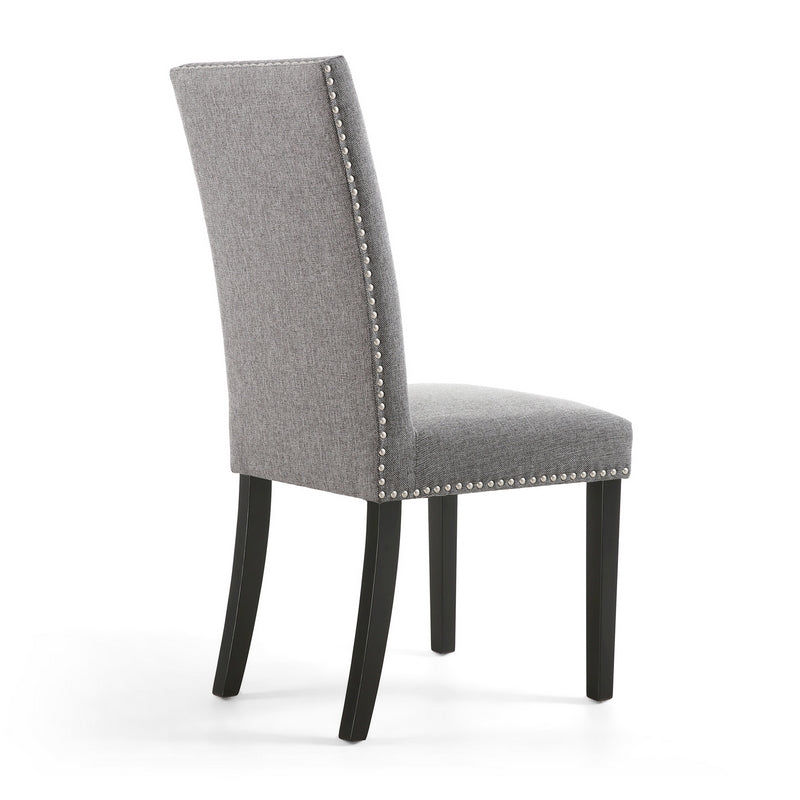 Pair of Grey Linen Effect Dining Chairs Stud Detail - Black Rubberwood Legs