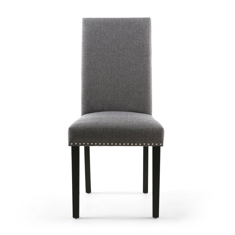 Pair of Grey Linen Effect Dining Chairs Stud Detail - Black Rubberwood Legs