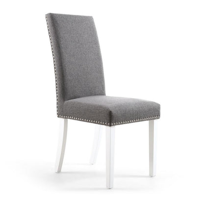 Pair of Grey Linen Effect Dining Chairs Stud Detail - White Rubberwood Legs