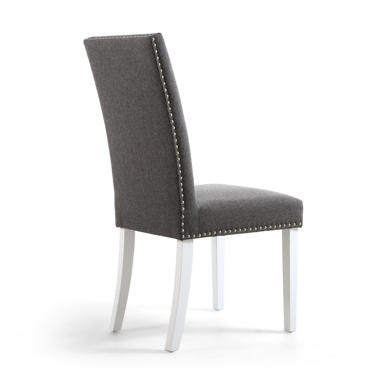 Pair of Grey Linen Effect Dining Chairs Stud Detail - White Rubberwood Legs