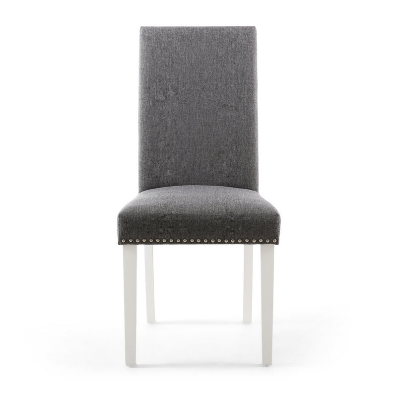 Pair of Grey Linen Effect Dining Chairs Stud Detail - White Rubberwood Legs