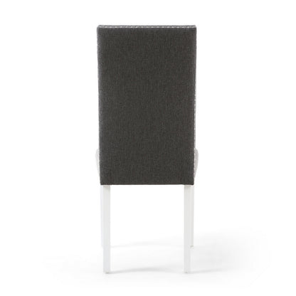 Pair of Grey Linen Effect Dining Chairs Stud Detail - White Rubberwood Legs