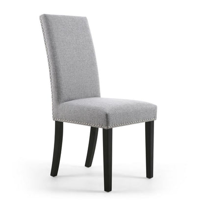 Pair of Light Grey Linen Effect Dining Chairs Stud Detail - Black Rubberwood Legs