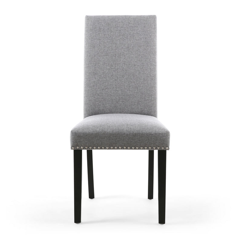 Pair of Light Grey Linen Effect Dining Chairs Stud Detail - Black Rubberwood Legs