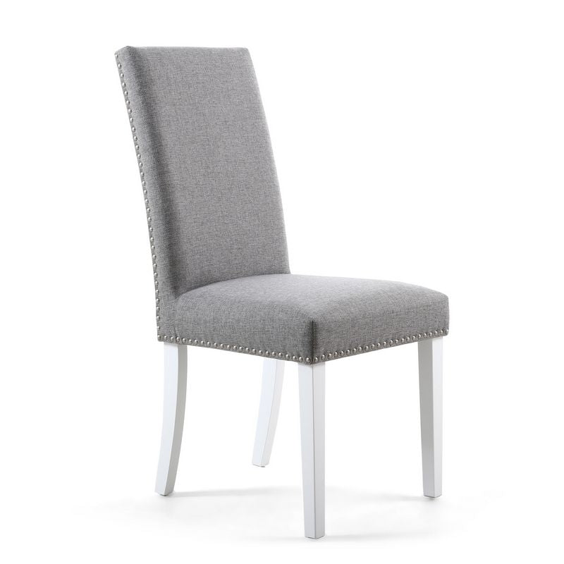 Pair of Light Grey Linen Effect Dining Chairs Stud Detail - White Rubberwood Legs