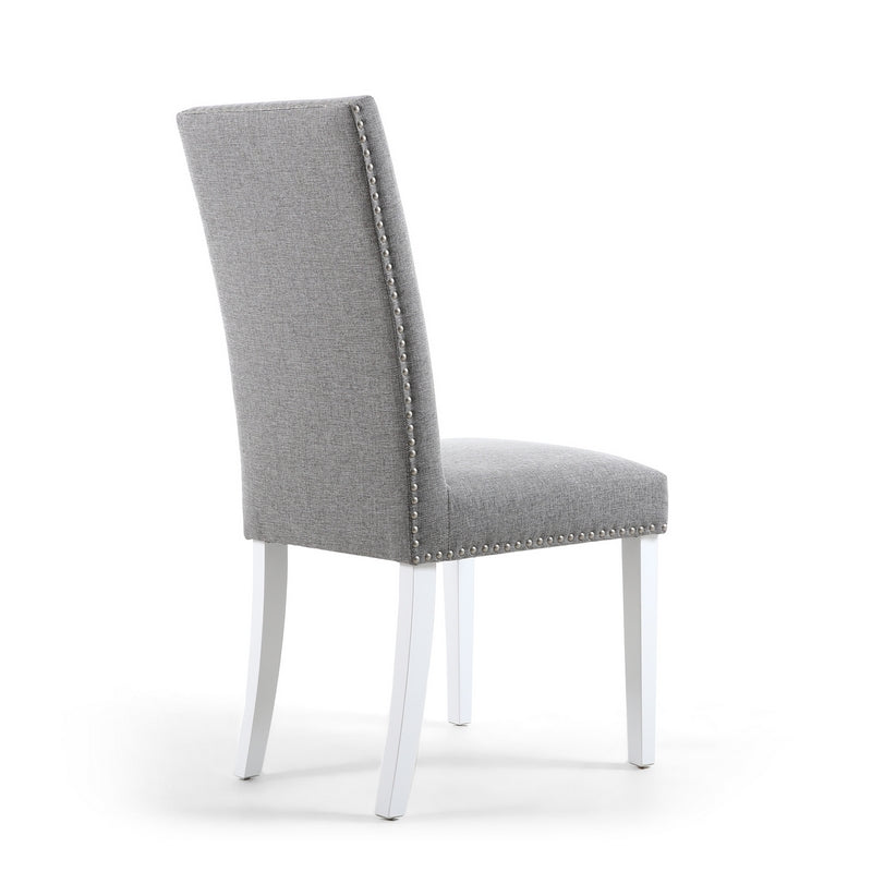 Pair of Light Grey Linen Effect Dining Chairs Stud Detail - White Rubberwood Legs