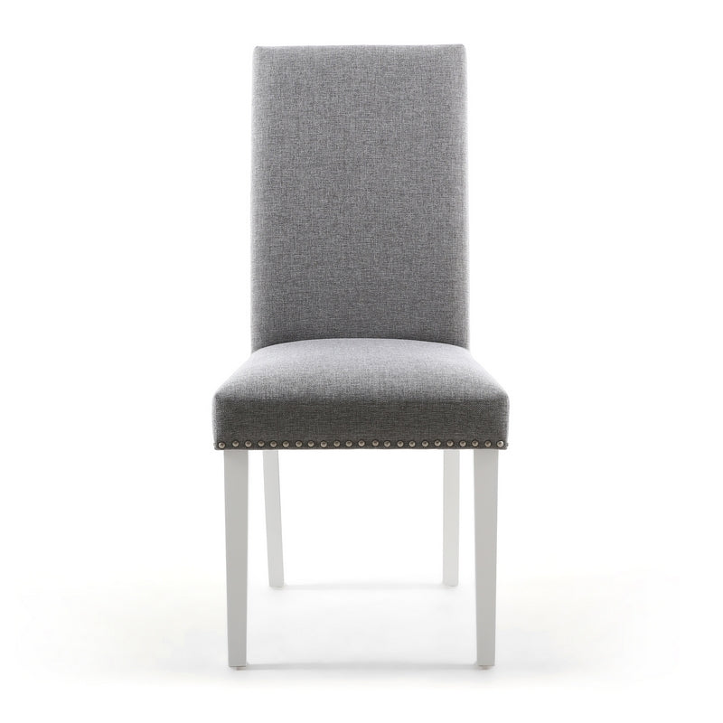 Pair of Light Grey Linen Effect Dining Chairs Stud Detail - White Rubberwood Legs