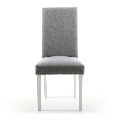 Pair of Light Grey Linen Effect Dining Chairs Stud Detail - White Rubberwood Legs