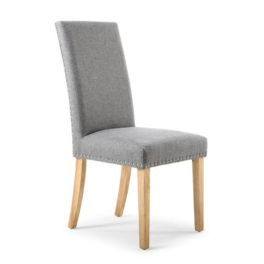 Pair of Light Grey Linen Effect Dining Chairs Stud Detail - Natural Rubberwood Legs