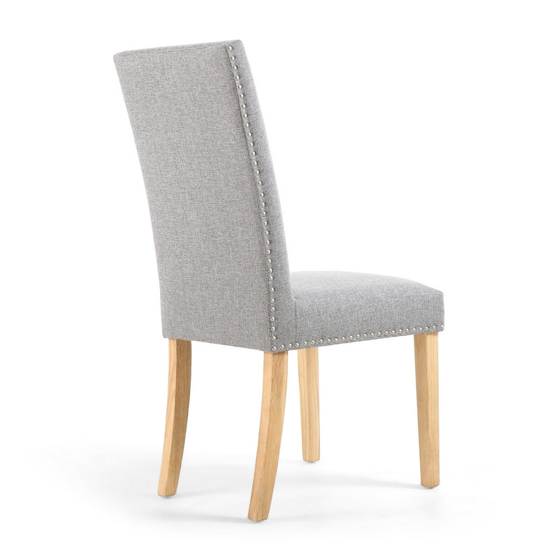 Pair of Light Grey Linen Effect Dining Chairs Stud Detail - Natural Rubberwood Legs