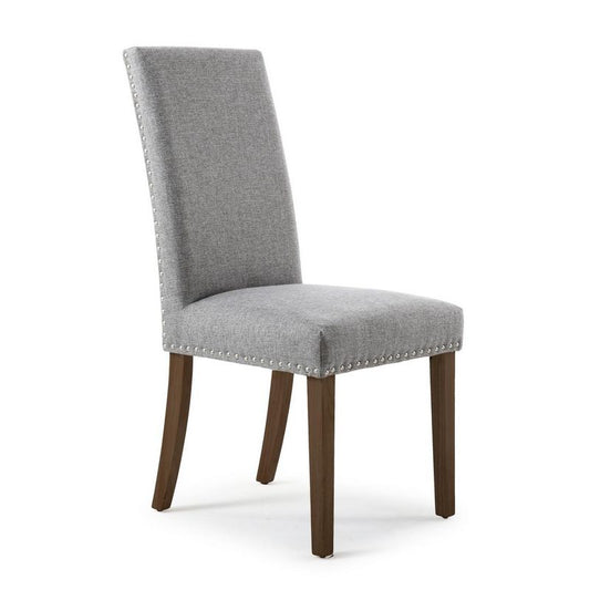 Pair of Light Grey Linen Effect Dining Chairs Stud Detail - Brown Rubberwood Legs