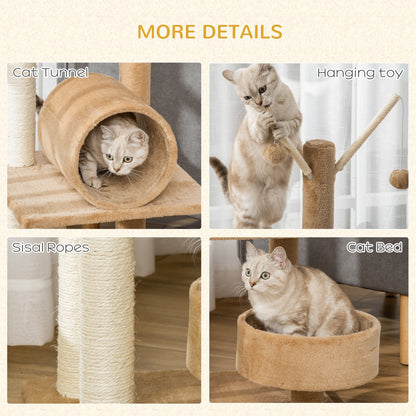 PawHut 121cm Cat Tree Tower for Indoor Cats Kitten Activity Centre Scratching Post with Bed Tunnel Perch Interactive Ball Toy Brown