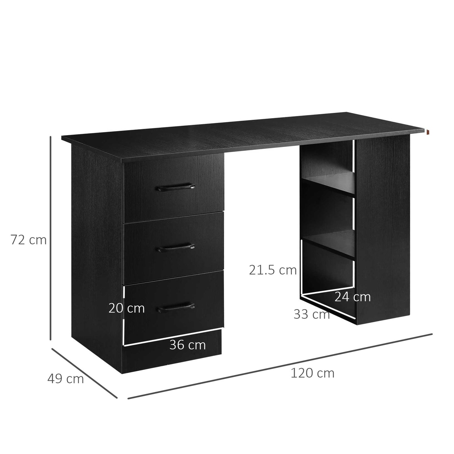 Homcom 120cm Computer Desk With Storage Shelves Drawers Writing Table Study Workstation For Home Office Black