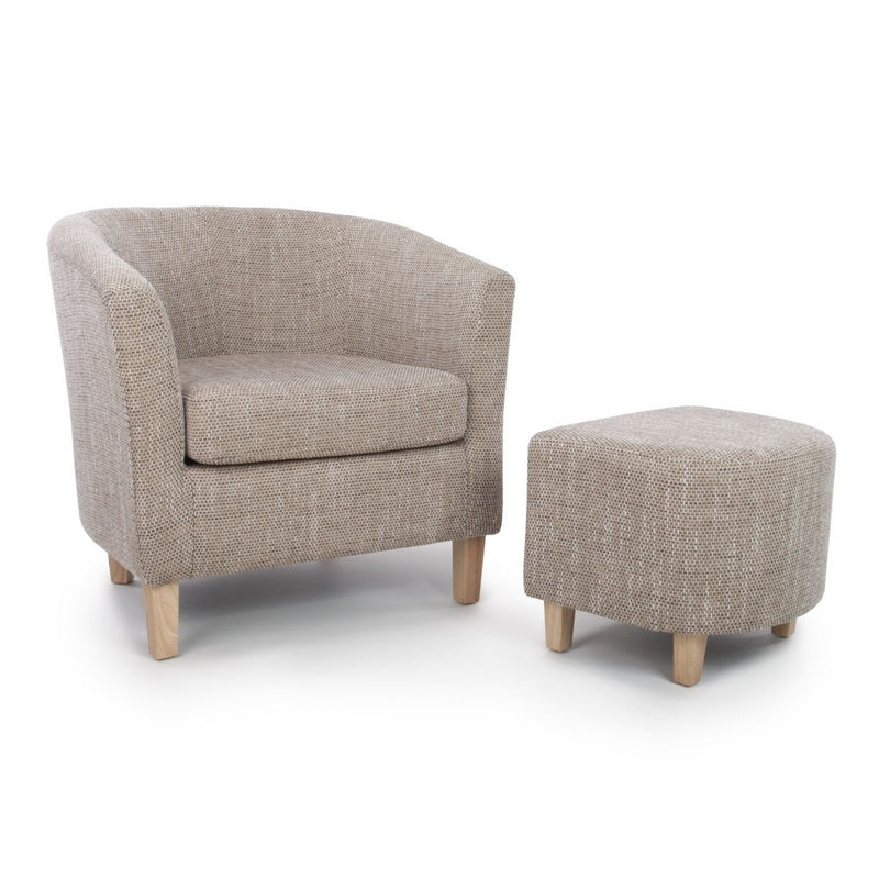 Classic Tub Armchair And Stool Set Light Brown Tweed