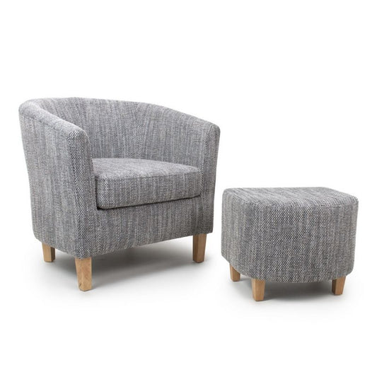 Classic Tub Armchair And Stool Set Grey Tweed