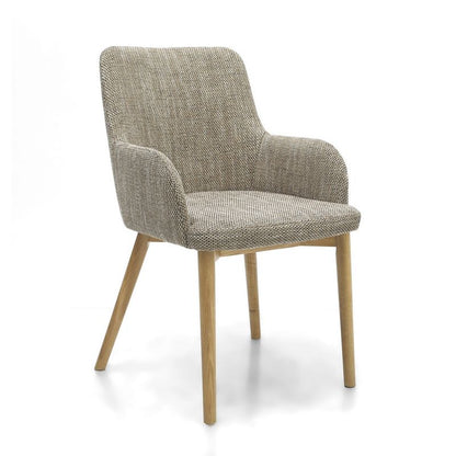 Pair of Contemporary Dining Chairs - Wood & Tweed Effect Beige Fabric