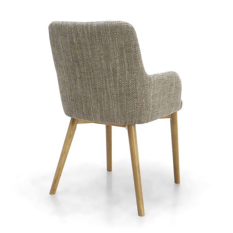 Pair of Contemporary Dining Chairs - Wood & Tweed Effect Beige Fabric