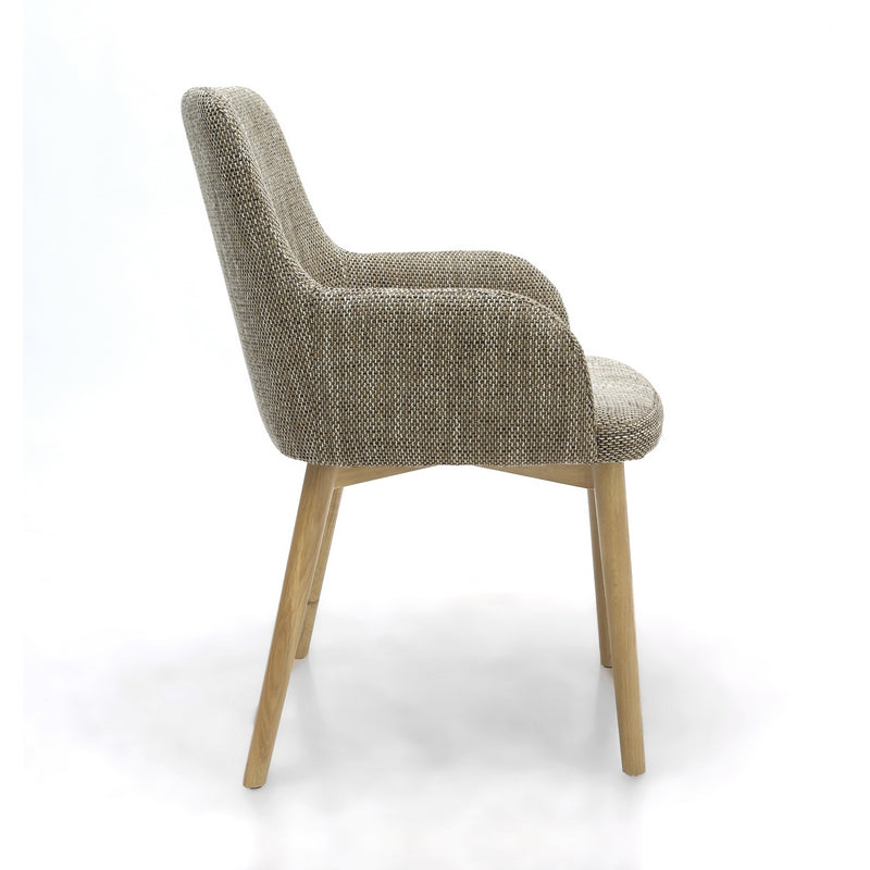 Pair of Contemporary Dining Chairs - Wood & Tweed Effect Beige Fabric