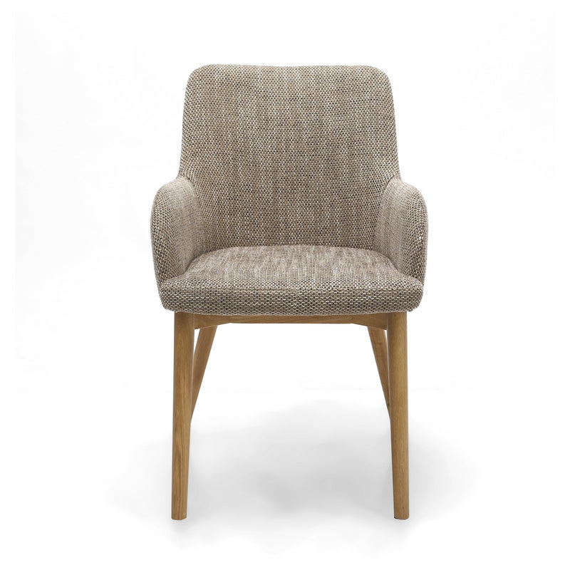 Pair of Contemporary Dining Chairs - Wood & Tweed Effect Beige Fabric