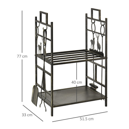 Outsunny 2-Tier Heavy Duty Firewood Rack Wood Log Fireplace Stacker Deer Design With 4 Tools Gold