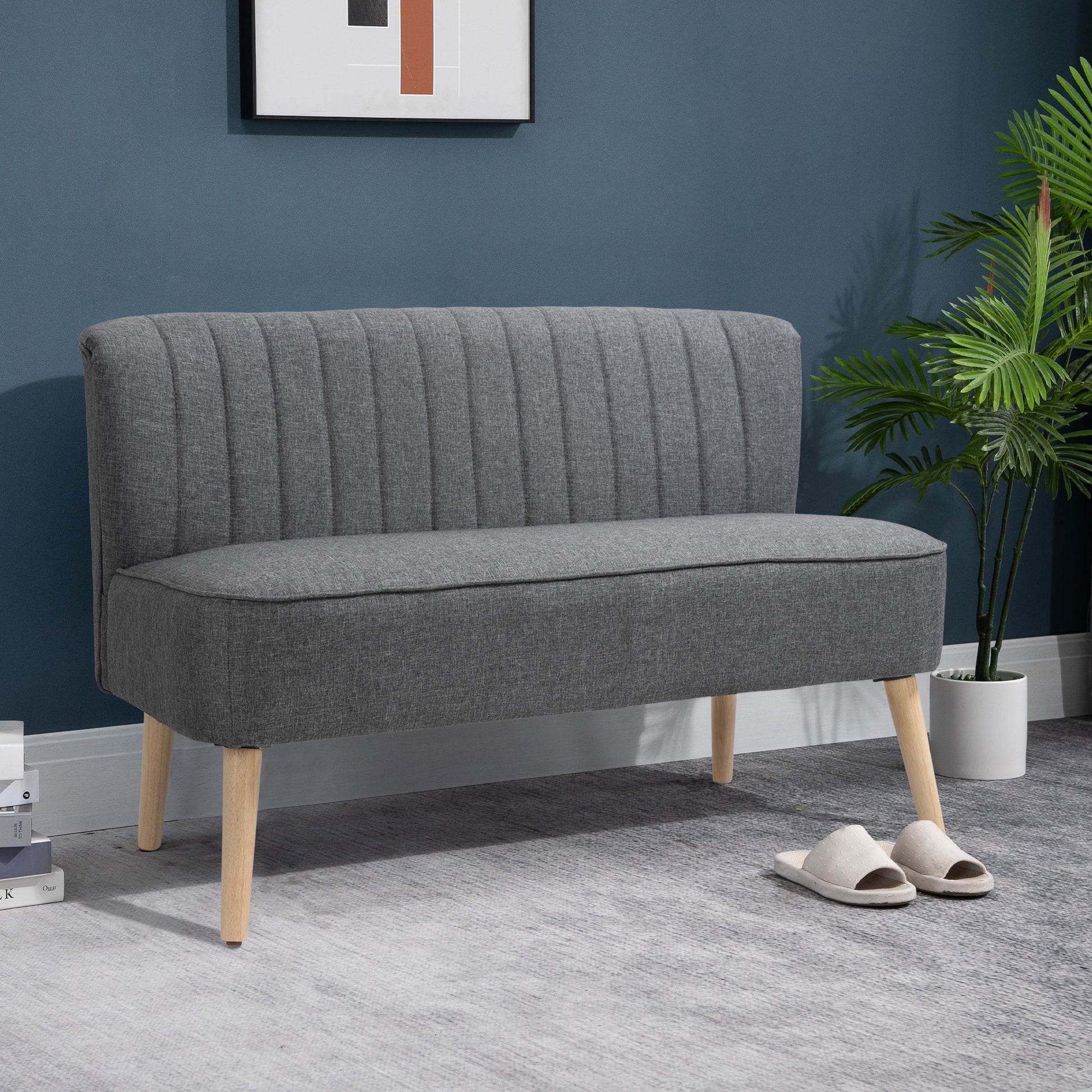 Homcom Modern Double Seat Sofa Loveseat Couch 2 Seater Compact Sofa Padded Linen Wood Leg Grey