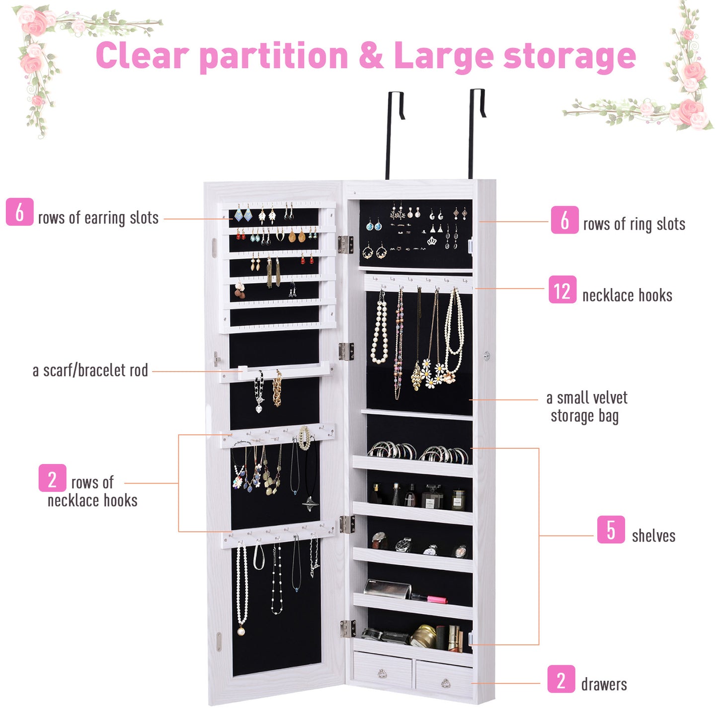 Homcom Mirrored Jewellery Storage Cabinet Door Mounted/Wall mounted Organiser Hanging Lockable w/ 6 Inner LED Lights White