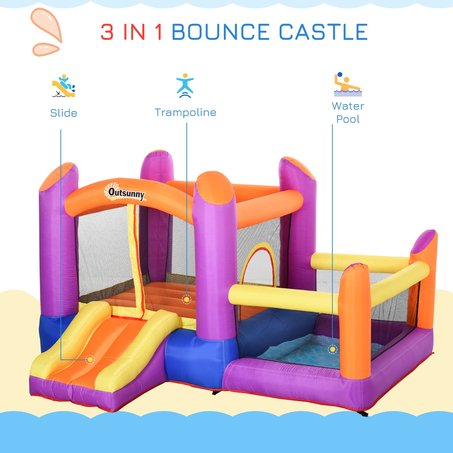 Outsunny Kids Bouncy Castle House Inflatable Trampoline Slide Water Pool 3 In 1 With Blower For Kids Age 3-8 Multi-Color 2.8 X 2.5 X 1.7M