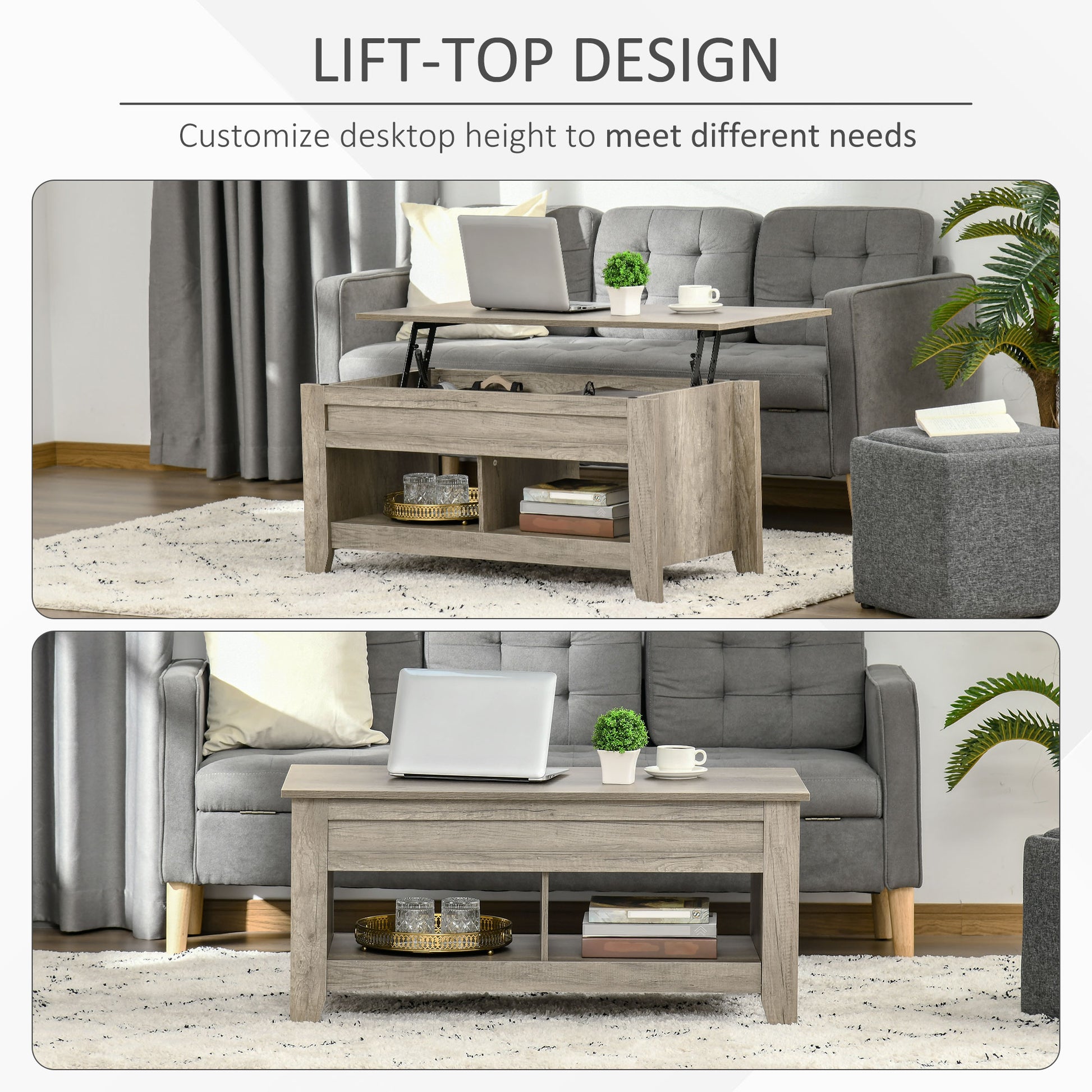 Homcom Lift Top Coffee Table w/ Hidden Storage Compartment Open Shelves Lift Tabletop Pop Up Centre Table for Living Room Oak Effect