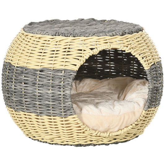 Wicker Cat House, Rattan Raised Cat Bed, Cosy Kitten Cave with Soft Washable Cushion, ?40 x 30cm-0