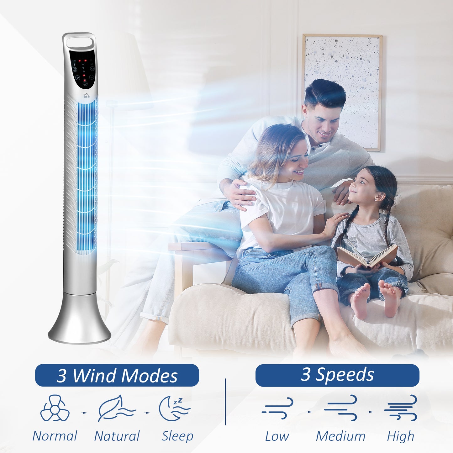 Oscillating Three Speed Tower Fan With Timer & Remote Control Silver by Homcom