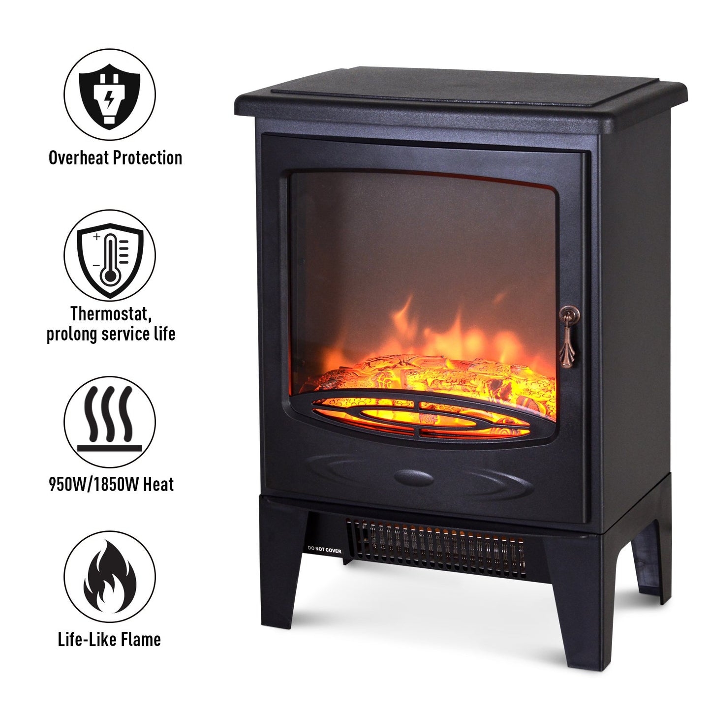 Homcom Electric Heater Freestanding Fireplace Artificial Flame Effect w/ Safety Thermostat 950w/1850W Tempered Glass Casing-Black