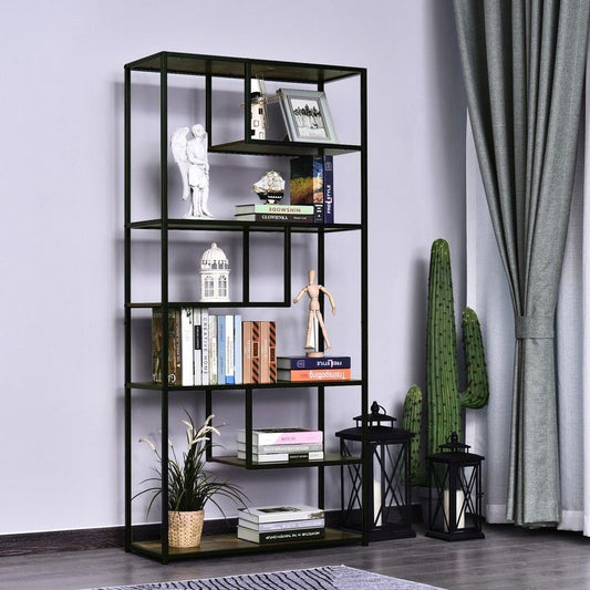 Homcom Wood Shelf Bookcase Industrial Style Stand 6-Staggered Shelf Living Room Display Rack Organiser