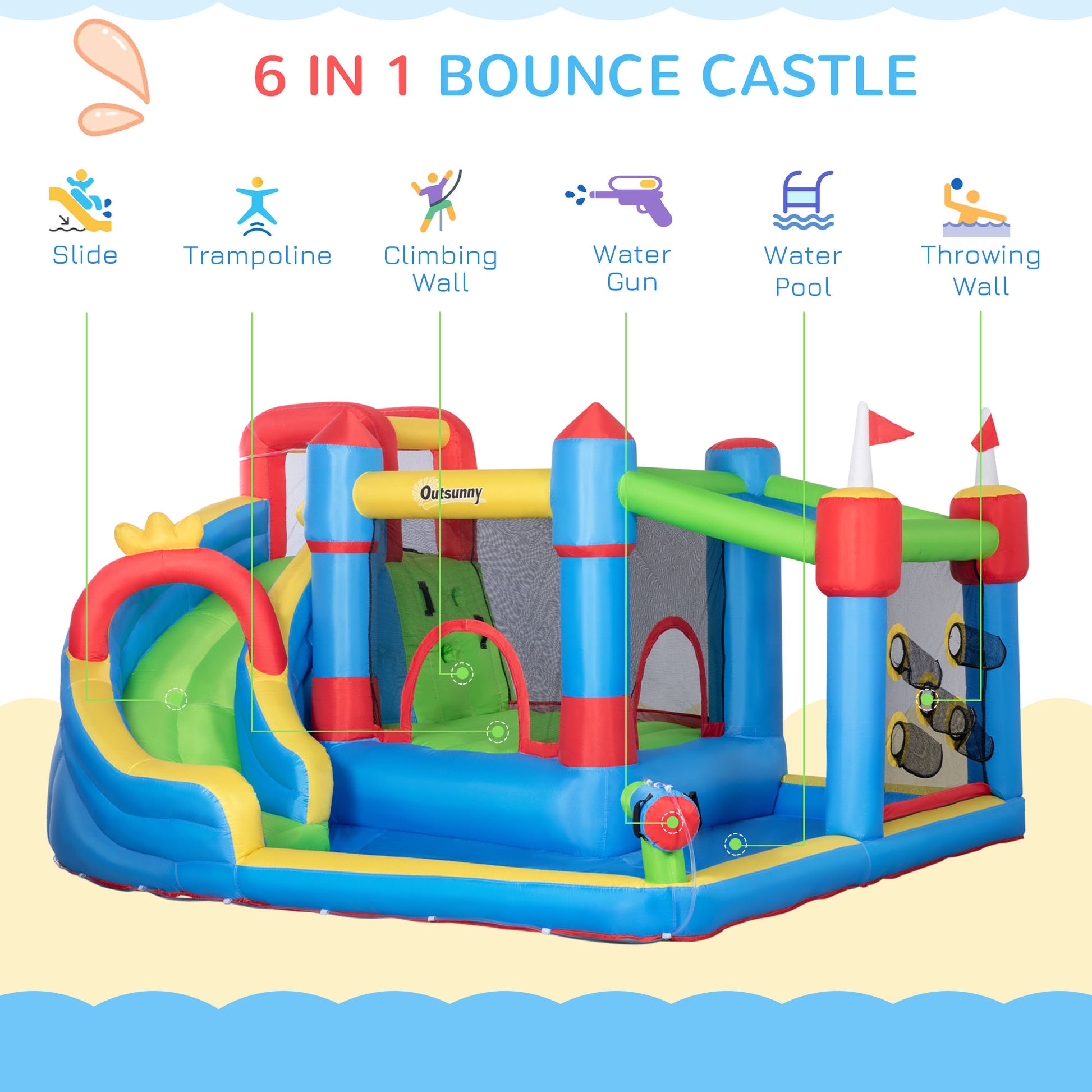 Outsunny 5 in 1 Kids Bounce Castle Large Castle Style Inflatable House Slide Trampoline Pool Water Gun Climbing Wall with Inflator Carrybag Patches for Kids Age 3-8