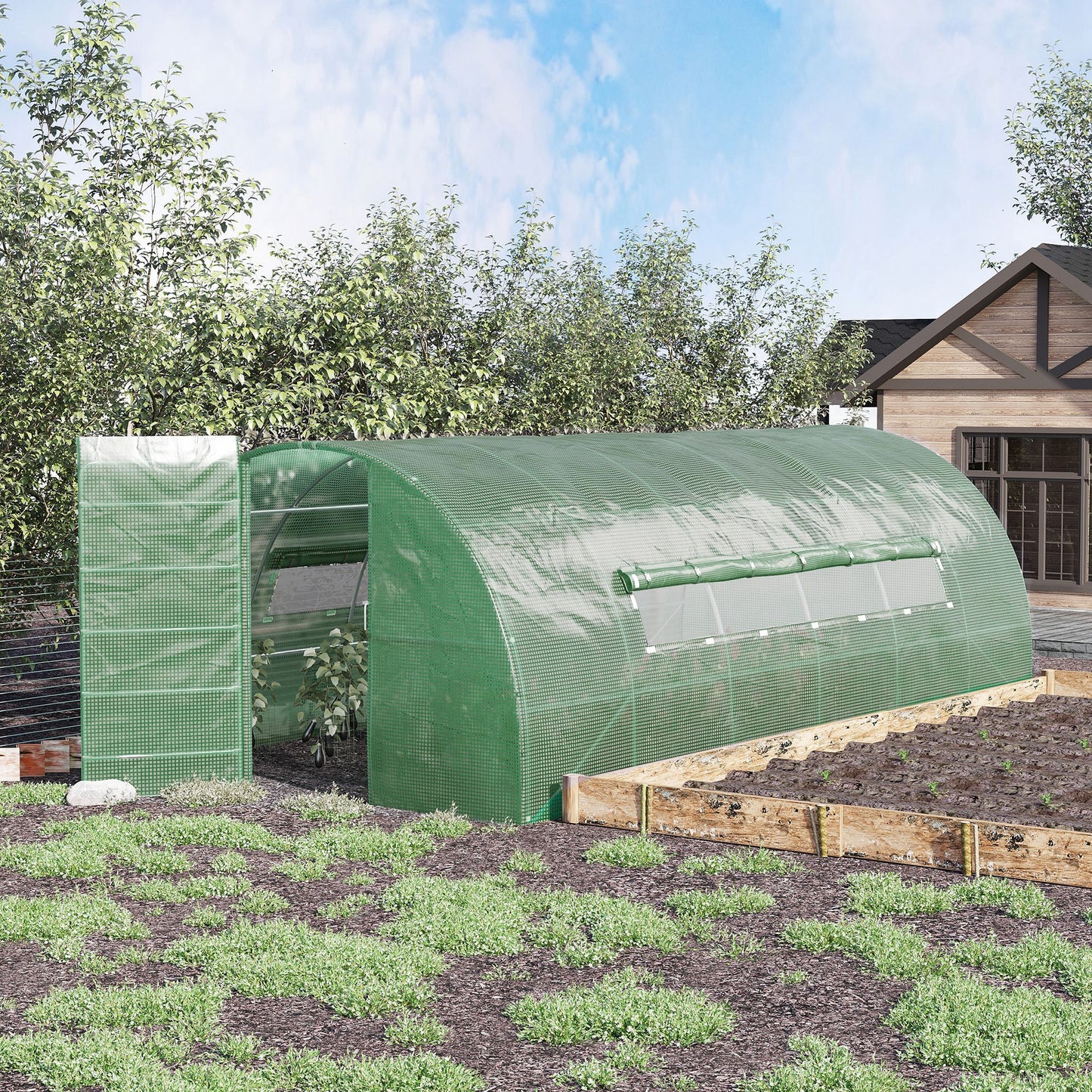 Outsunny Reinforced Walk-In Polytunnel Greenhouse with Metal Hinged Door