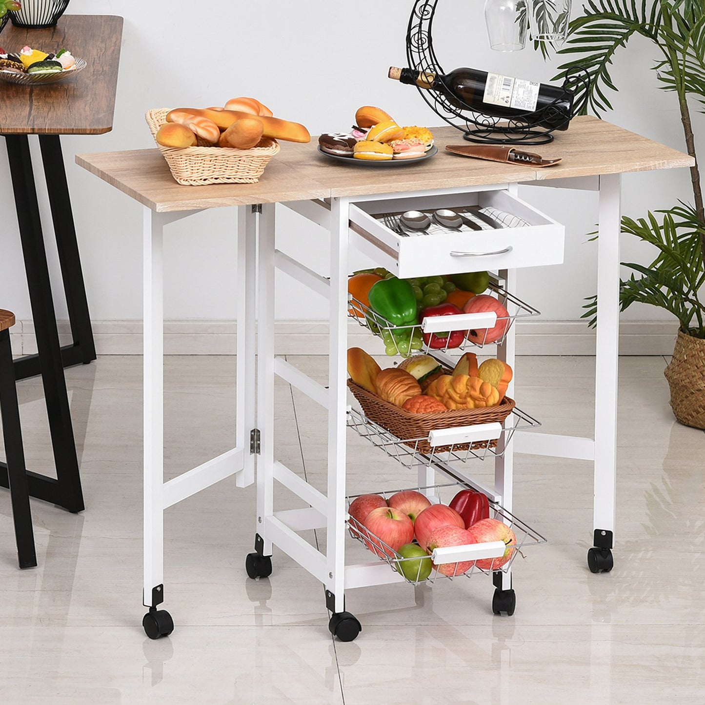 Homcom Drop-Leaf Kitchen Cart Trolley w/ 3 Baskets Drawer Surface Top 6 Universal Wheels Rolling Storage Unit Kitchen Home Dining Island White Oak Tone