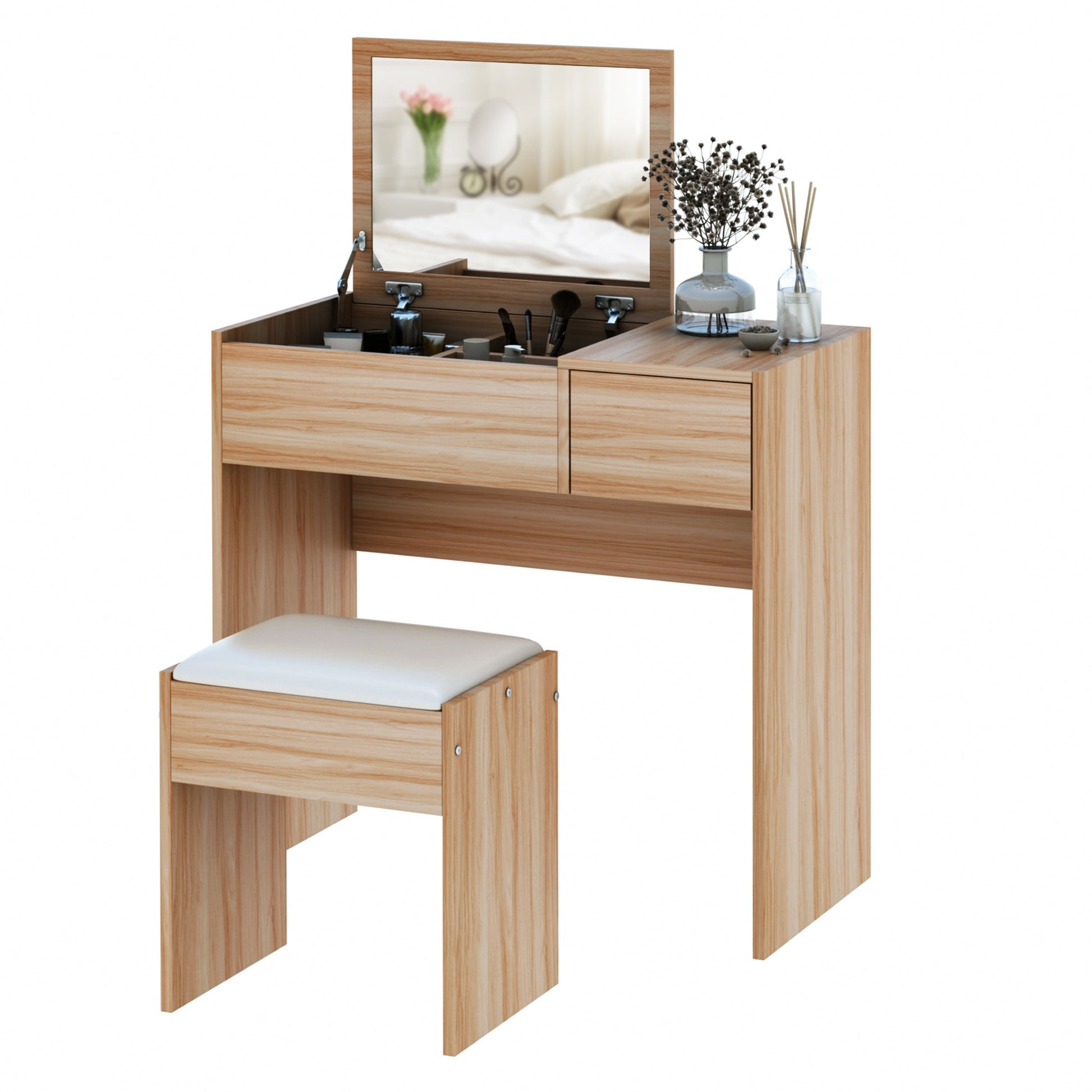 Homcom Chipboard Dressing Table Set Cushioned Stool Flip-up Mirror Drawer Wood Grain Colour