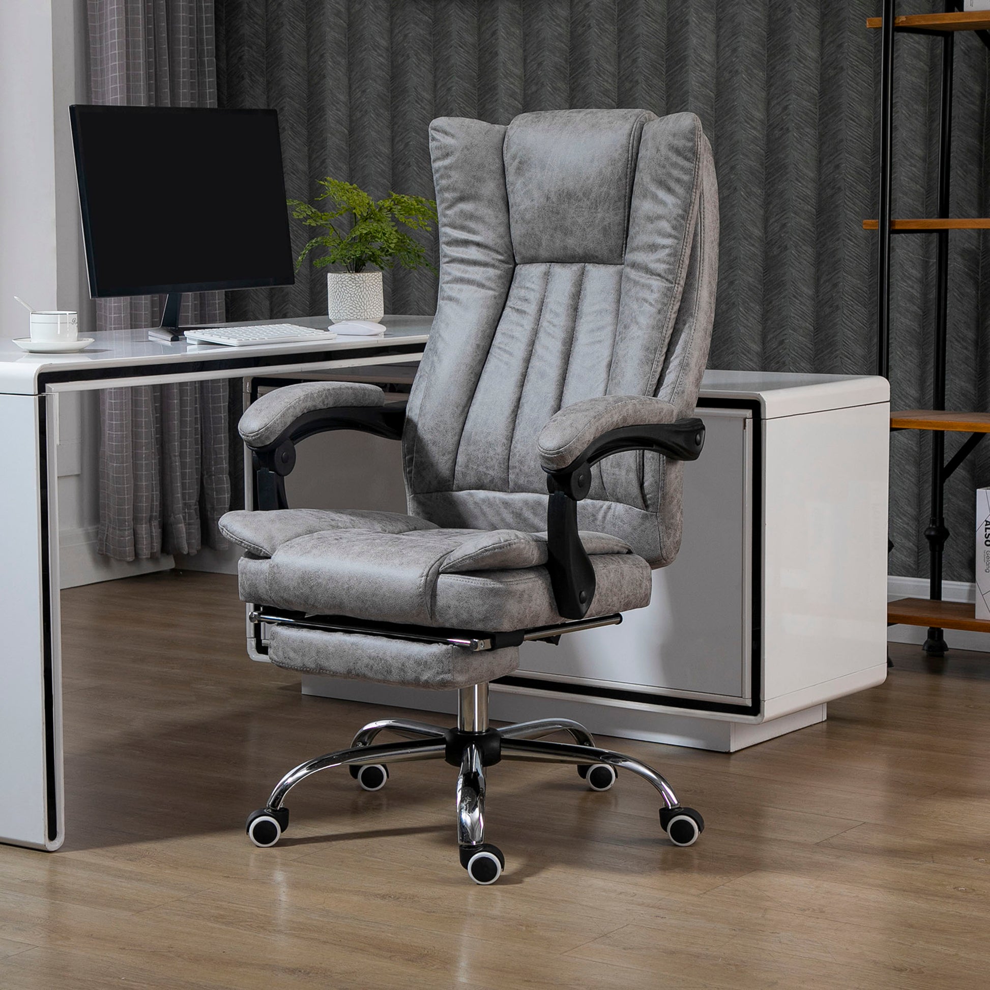 Vinsetto Home Office Chair Microfibre Desk Chair with Reclining Function Armrests Swivel Wheels Footrest Grey