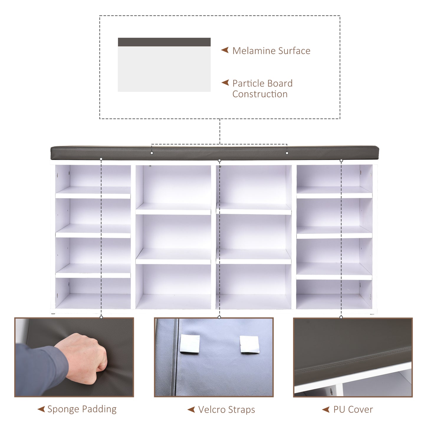 Homcom Multi-Storage Shoe Rack w/ 14 Compartments Cushion Moving Shelves Solid Frame Foot Pads Home Office Tidy Organisation Boots Trainers White