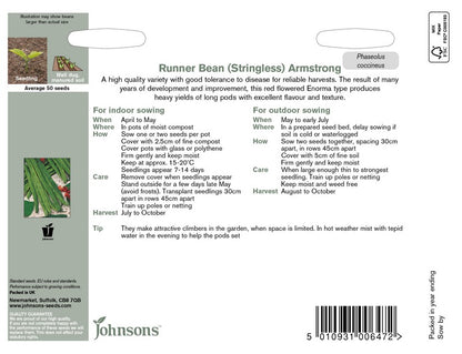 Johnsons Runner Bean Armstrong Stringless Seeds