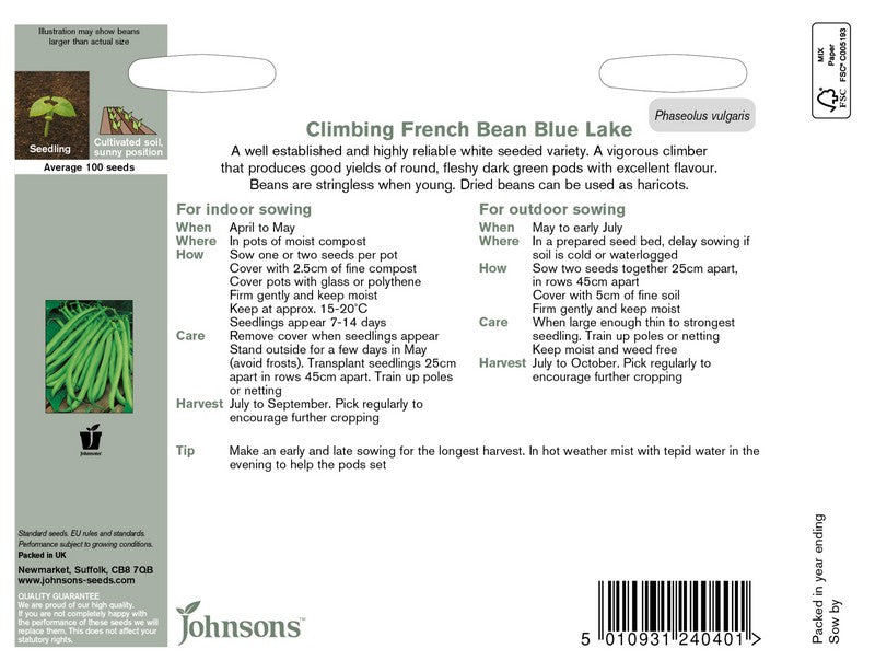 Johnsons Climbing Bean Blue Lake Seeds