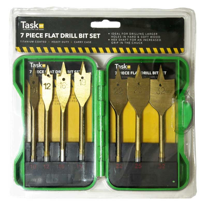 7pc Flat Drill Bit Set Green Case