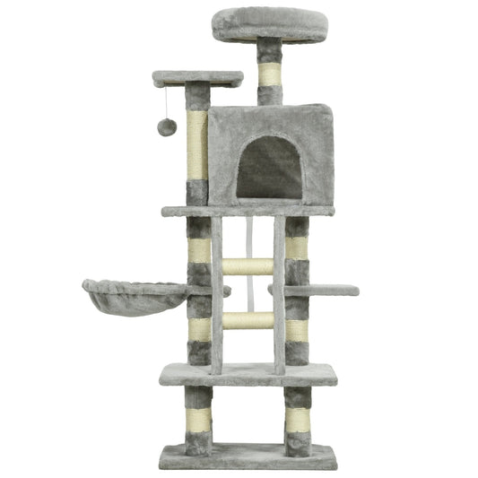 132cm Cat Tree with Scratching Post, House, Hammock, Grey-0