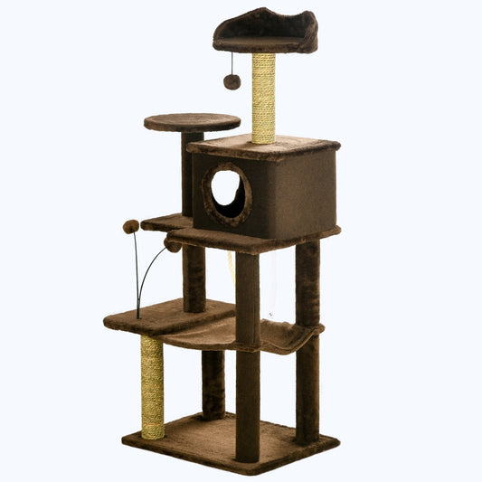 136cm Cat Tree for Indoor Cats, Modern Cat Tower with Scratching Posts, house, Platforms, Toy Ball - Brown-0