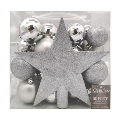 50 x Christmas Tree Baubles Decoration Silver - Various Sizes by Christmas Inspiration