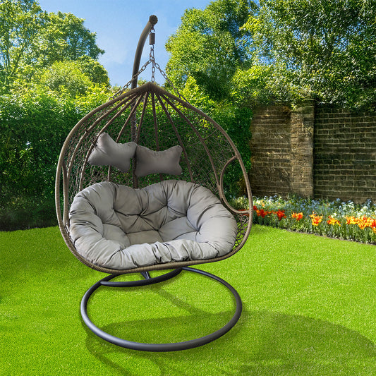 Contemporary Garden Egg Chair Steel and Wicker by Wensum - 2 Seats Grey Cushions