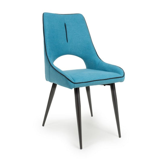 Pair of Contemporary Dining Chairs Blue Chenille - Black Metal Legs