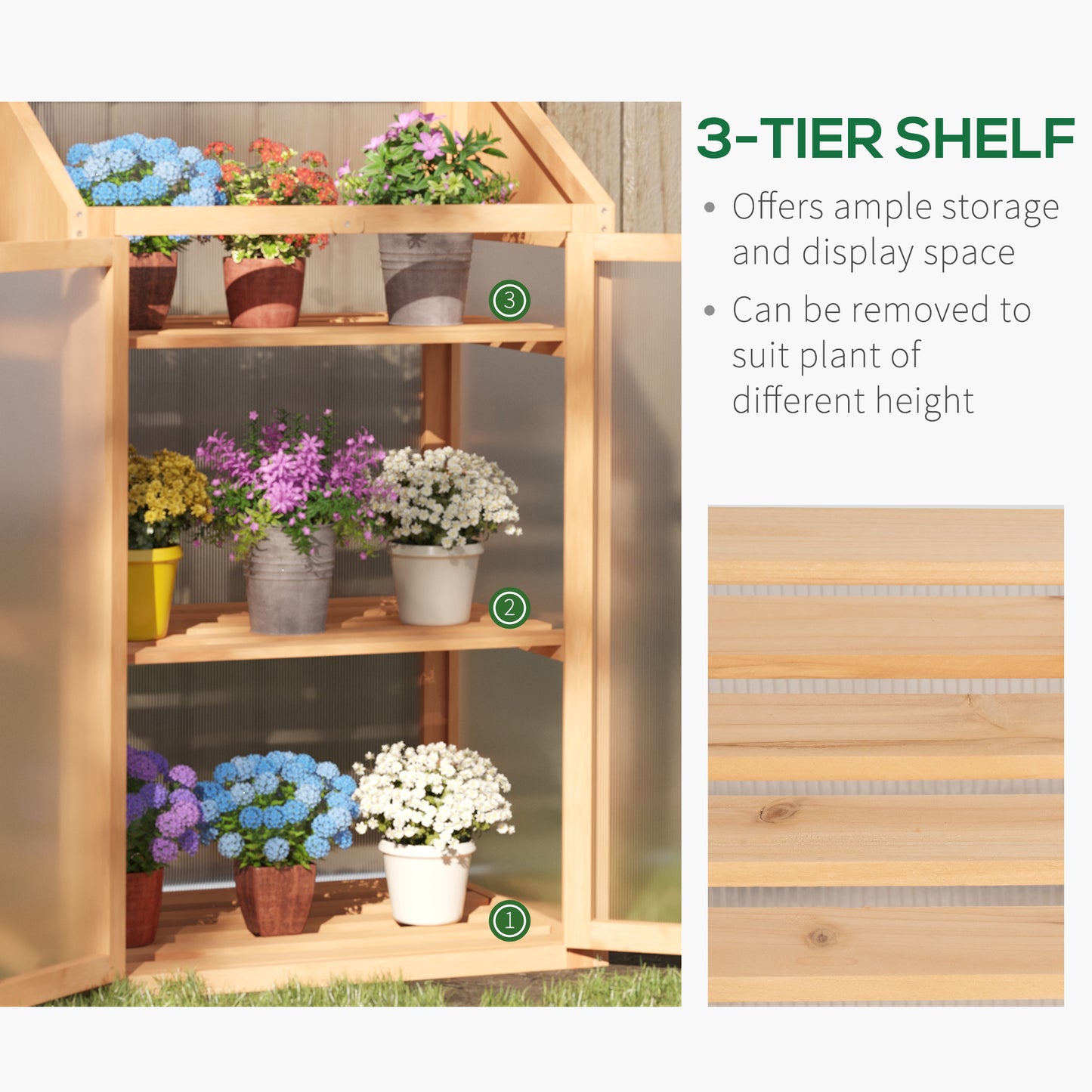 Outsunny Wooden Cold Frame Polycarbonate Greenhouse with Openable Top Cover and Double Door