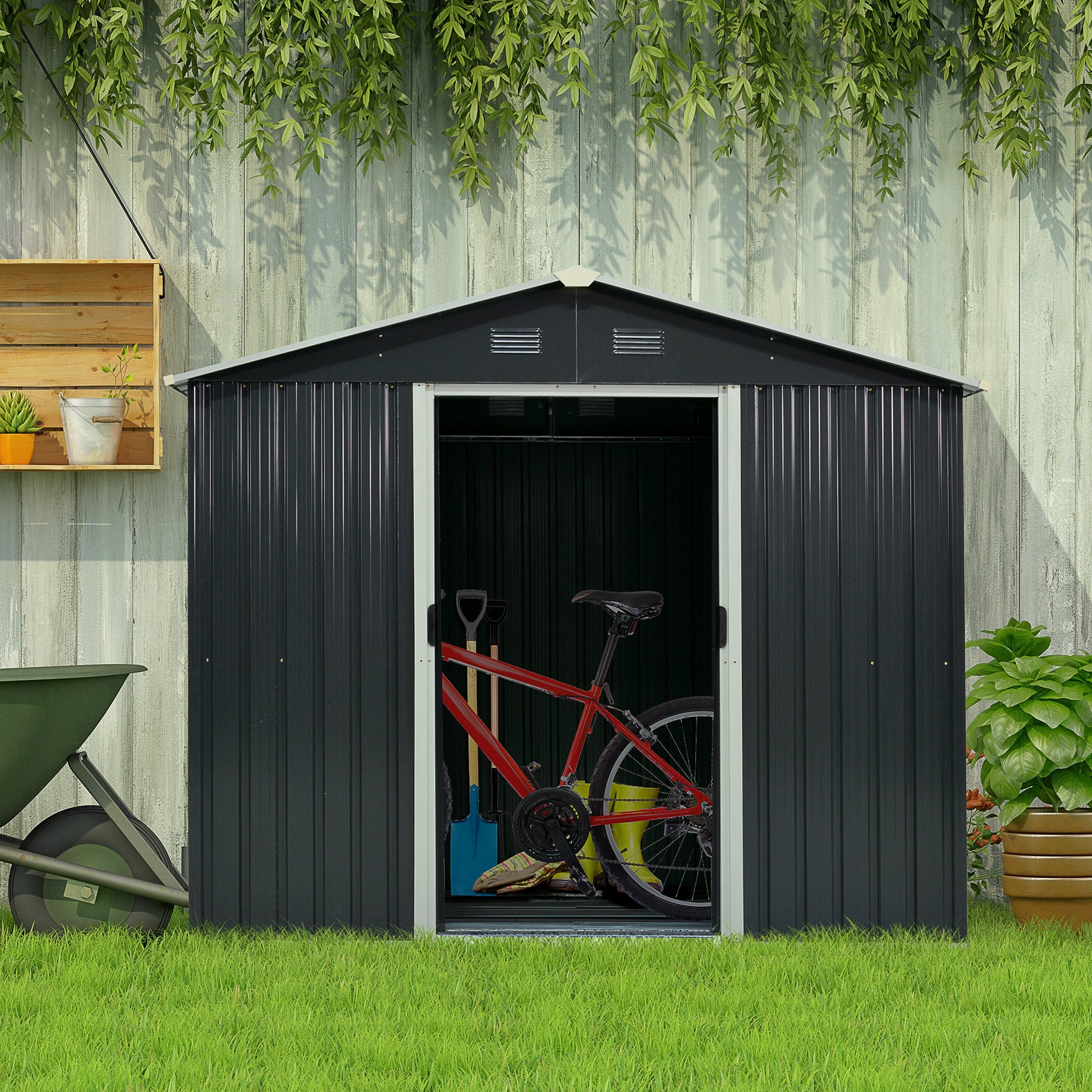 Galvanised 8 x 6' Sliding Double Door Apex Garden Shed With Ventilation Steeel Grey by Steadfast